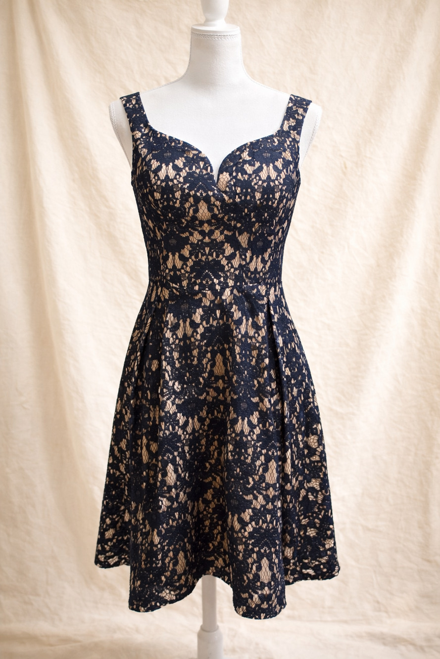 Francesca’s S Dress Lace Fit Flare Black Nude Romantic Cocktail Timeless Wedding